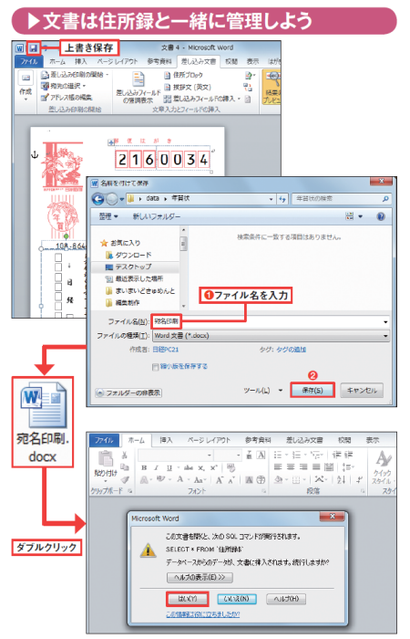 図15 (上)はがき文書が完成したら「上書き保存」ボタンをクリックする。(中)ファイル名を入力し、「保存」ボタンをクリックして保存する(図中の赤丸1、2)。図6のエクセルファイルと同じ場所に保存するとよい。(下)保存したワード文書を開こうとすると、このメッセージが現れる。エクセル住所録からデータを取り込むかどうかを尋ねるものなので、「はい」をクリックする。なお、エクセルファイルが見つからない場合は、その場所を指定する画面が開く
