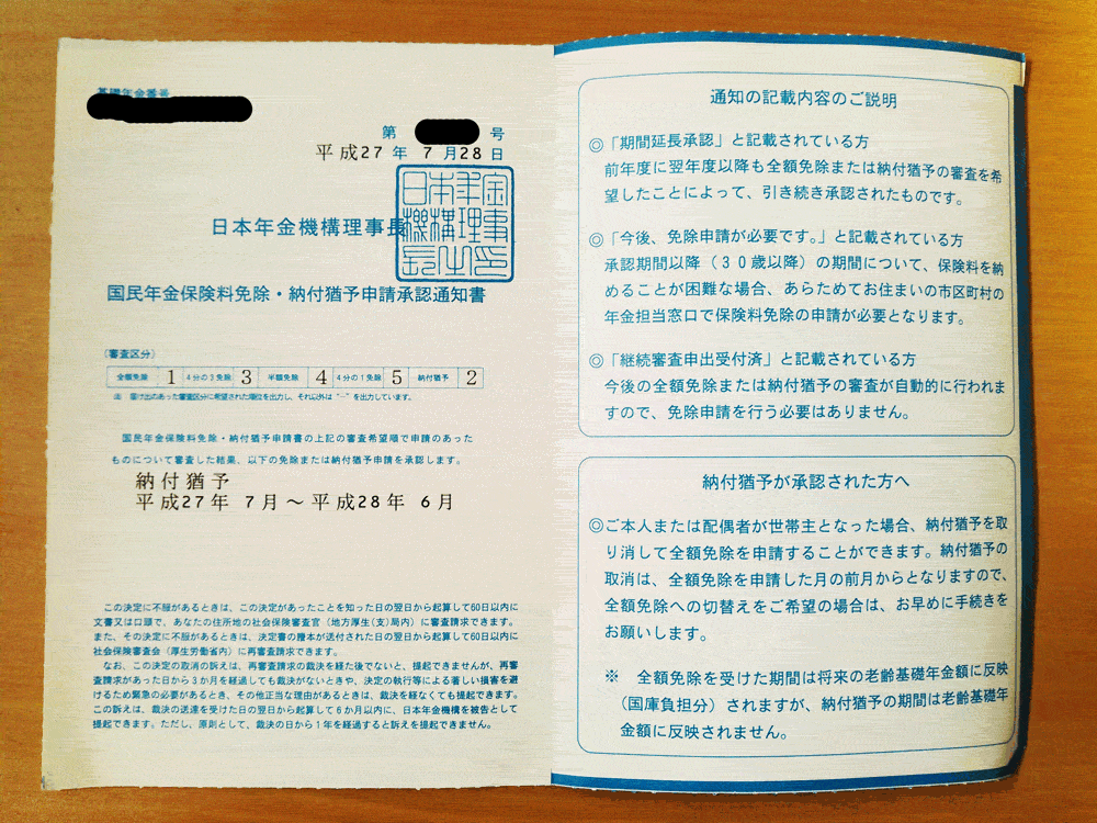 国民年金保険料免除・納付猶予申請承認通知書