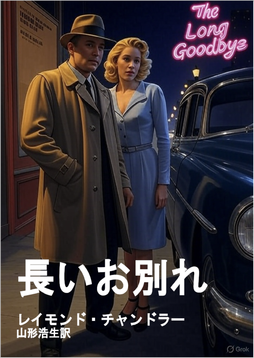 チャンドラー「長いお別れ」山形訳　AI作成表紙画。暗い中、店の前にトレンチコートと帽子をかぶった男、その後ろに青いブロンド女、その横にアメ車が並び、アメ車の上にネオンサインが出ている。