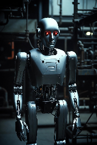 悲しげなヒューマノイド型ロボットが赤いLED目を光らせているAI画像