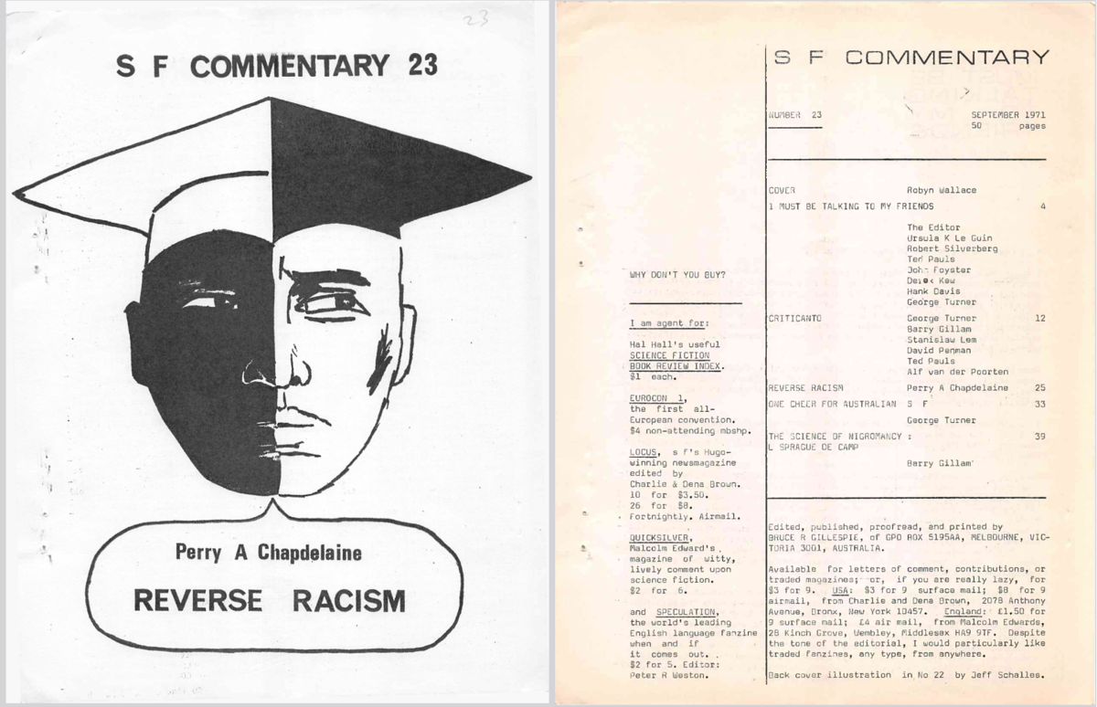 "SF Commentary 23, 1971/09 の表紙と目次。白黒の手書きの、半分黒人で半分白人のアシュラ男爵のような人が大学卒業の角帽をかぶっている絵に「Perry A Chapdelaine Reverse Racism」とある。目次はタイプライターうち。"