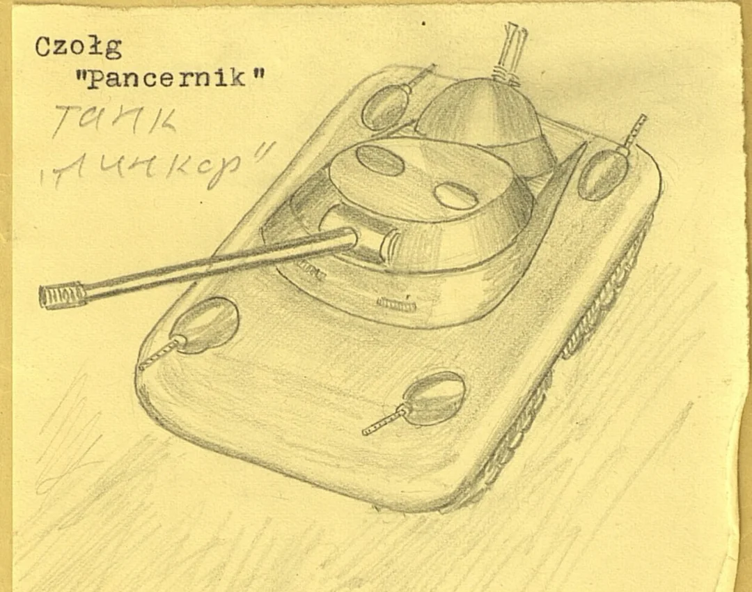 "黄色みがかった古紙の上に鉛筆で描かれた手描きスケッチ。左上に『Czołg "Pancernik"』とタイトルが書かれ、その下に手書きで『TANK』『ПАНКЕР』と記されている。斜め上から見た軍用戦車で、長い主砲を備えた大型の丸みを帯びた砲塔、複数の円形ハッチや視察装置、履帯と車体が丁寧に描かれている。"