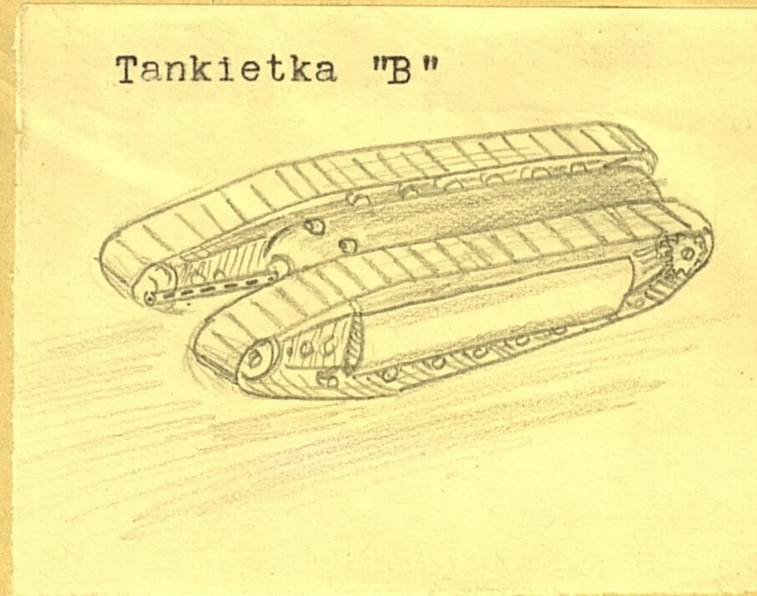 "黄色みがかった古紙の上に鉛筆で描かれた手描きスケッチ。タイトルに『Tankietka "B"』と書かれている。横から見た小型戦車（タンケット）で、長い車体に二列の履帯が並行して描かれ、多数の転輪とトラックリンクのディテールが丁寧に表現されている。低く平たい車体が特徴的なデザイン。"