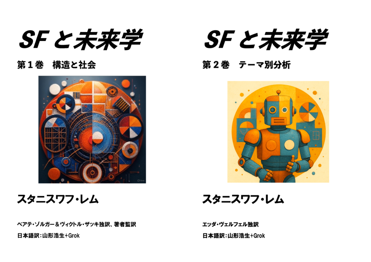 "「SFと未来学」第1巻・第2巻の表紙が並んだ画像。左側は第1巻「構造と社会」で、機械的で幾何学的なオレンジ・青の円形アートワーク。右側は第2巻「テーマ別分析」で、青とオレンジの可愛らしいロボットが両手を上げたイラスト。どちらも作者スタニスワフ・レムの名前が記載され、日本語訳は山形浩生+Grokと記されている。