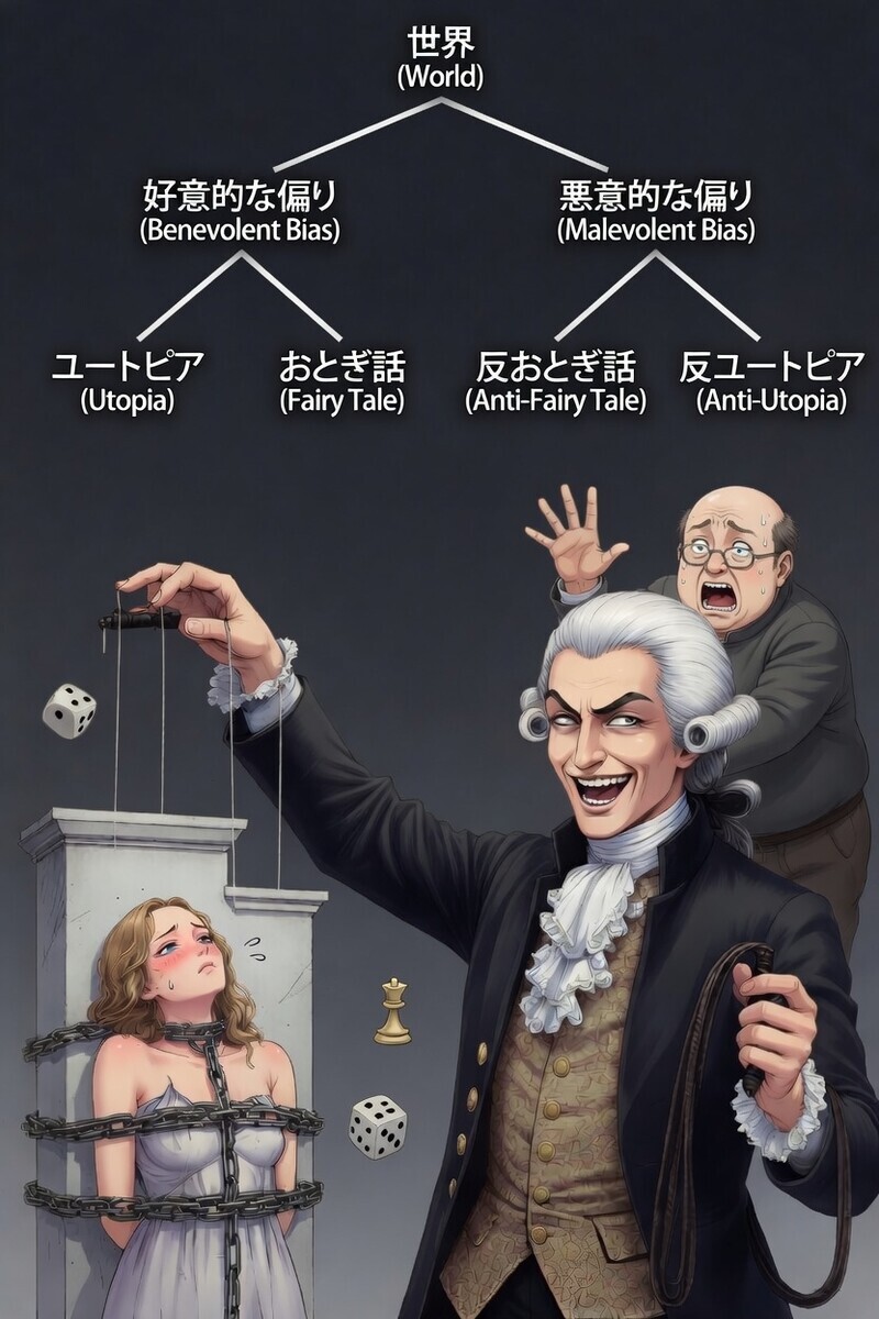 "アニメ調のカラフルなイラスト。18世紀の貴族服を着たサド侯爵が悪魔的な笑顔でゲーム理論の巨大な決定木グラフ（世界&rarr;好意的な偏り／悪意的な偏り&rarr;ユートピア・おとぎ話・反おとぎ話・反ユートピア・神話）を背後に、鎖で縛られた金髪女性を操り人形のように操っている。後ろでははげた小太りのスタニスワフ・レムが大慌てで汗だくになり、手を挙げてサドを必死にたしなめている。風刺的でコミカルなシーン。"