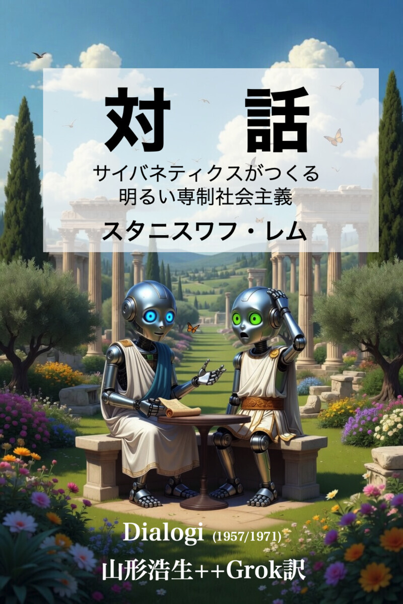 "2体のヒューマノイドロボットが古代ギリシャ風の白いトーガを着て、色とりどりの花が咲き乱れる美しい庭園の石のベンチに座り、木製のテーブルを挟んで対話している。左の銀色のロボットは青い目で巻物を手にジェスチャーし、右のロボットは緑色の目で手を頭に当てて驚いたような表情。背景には青空、白い雲、古代遺跡の柱列、緑の丘陵が広がり、蝶や鳥が飛んでいる。中央上部に大きな日本語タイトル「対話」、副題「サイバネティクスがつくる明るい専制社会主義 スタニスワフ・レム」、下部に「Dialogi (1957/1971) 山形浩生++Grok訳」と記載された、スタニスワフ・レムの書籍カバーイラスト。"
