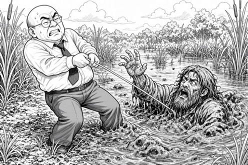 "白黒の線画イラスト。沼地の岸で、メガネをかけたハゲ頭の男性がワイシャツにネクタイ姿で、長い棒を両手で力いっぱい引っ張っている。対岸の泥水に半分沈んだ長い髪と髭の男性が、助けを求めて片手を大きく伸ばし、口を開けて叫んでいる。周囲にはヨシやガマの穂が生い茂り、背景に木々と雲が見える。Grok Image作成"
