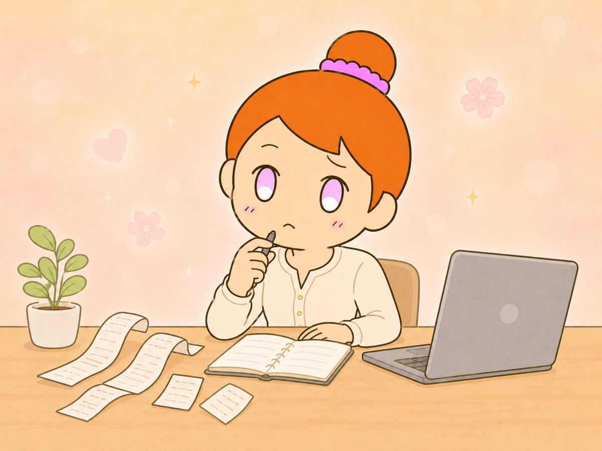 書類の前で悩むあや師