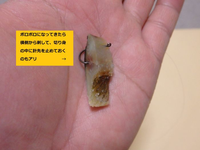 サンマの切り身がボロボロになってきたのでハリを横側から刺した写真