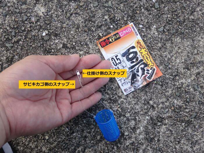 サビキ仕掛けにサビキカゴをセットしている写真