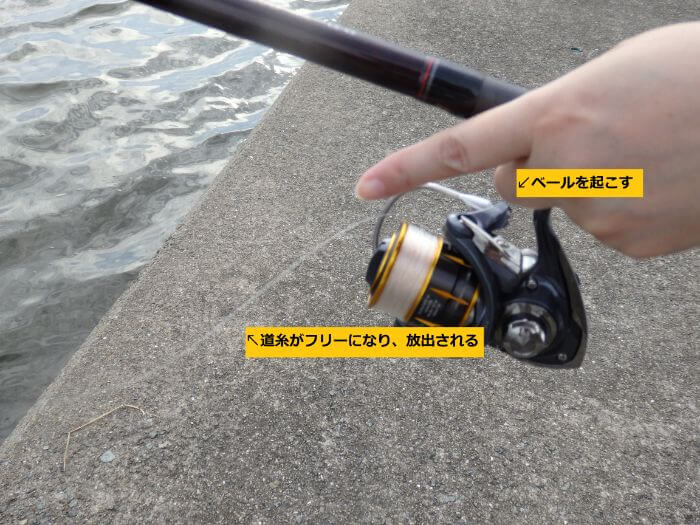 ベールを起こして道糸を放出しているリールの写真