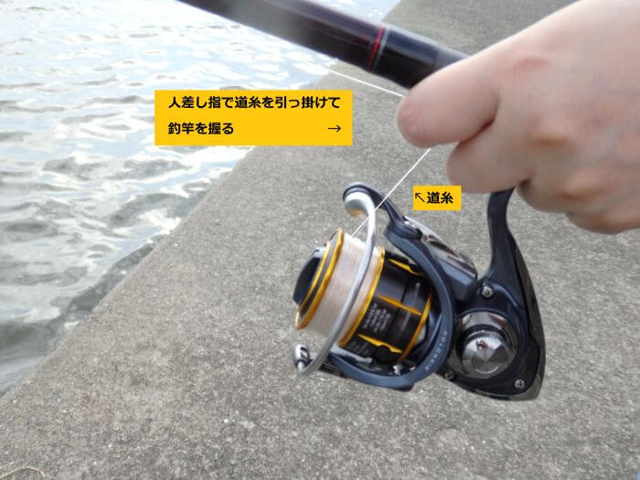 サビキ仕掛けを落とす前に道糸を人差し指に引っ掛けて準備している写真