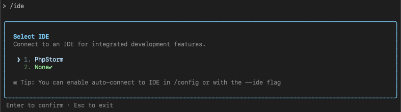 Claude Codeから「Select IDE」と言われているスクリーンショットです。