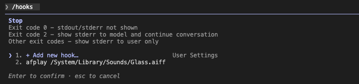 Claude CodeのHooksでStopに対して `Add new hook...` を選択しているスクリーンショット