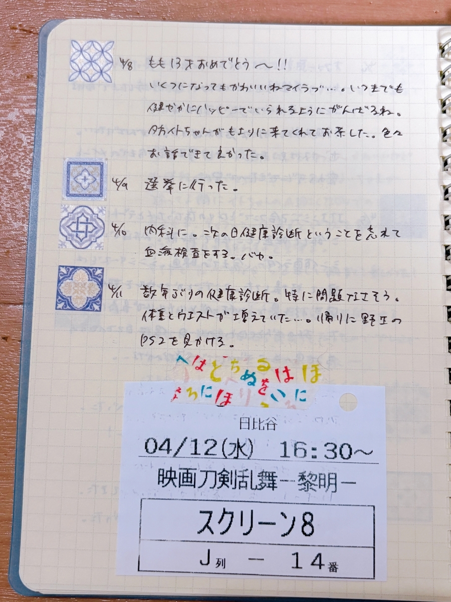 2023年の日記。日ごとにできごとをまとめていたり、映画の半券が貼っている。