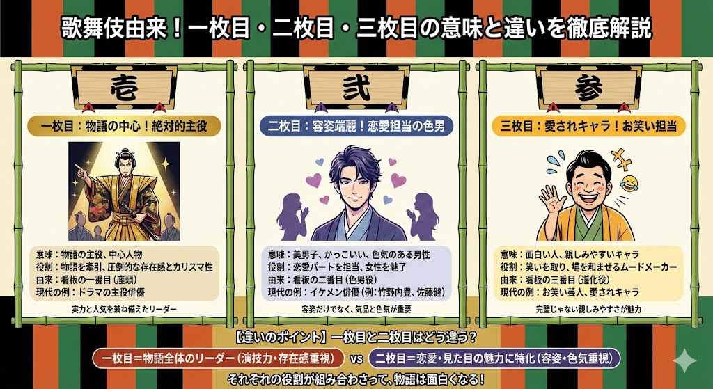 二枚目・三枚目・一枚目とは？歌舞伎に由来する意味と違いを徹底解説 - 言葉の痕跡– ふとした瞬間に、届くように