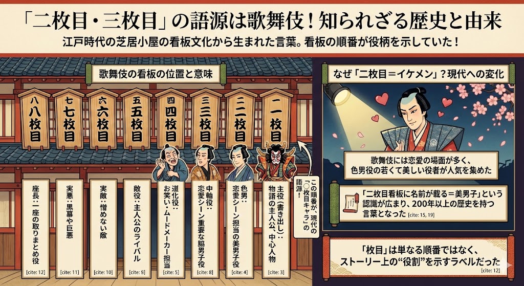 二枚目・三枚目・一枚目とは？歌舞伎に由来する意味と違いを徹底解説 - 言葉の痕跡– ふとした瞬間に、届くように