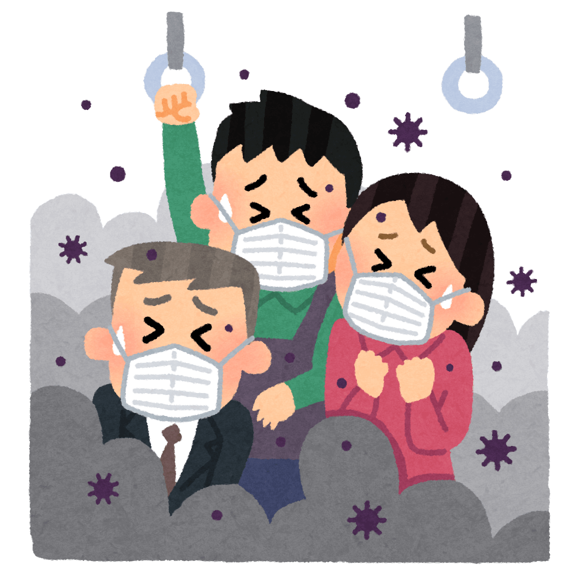 満員電車の車内のイラスト コロナ禍の移動