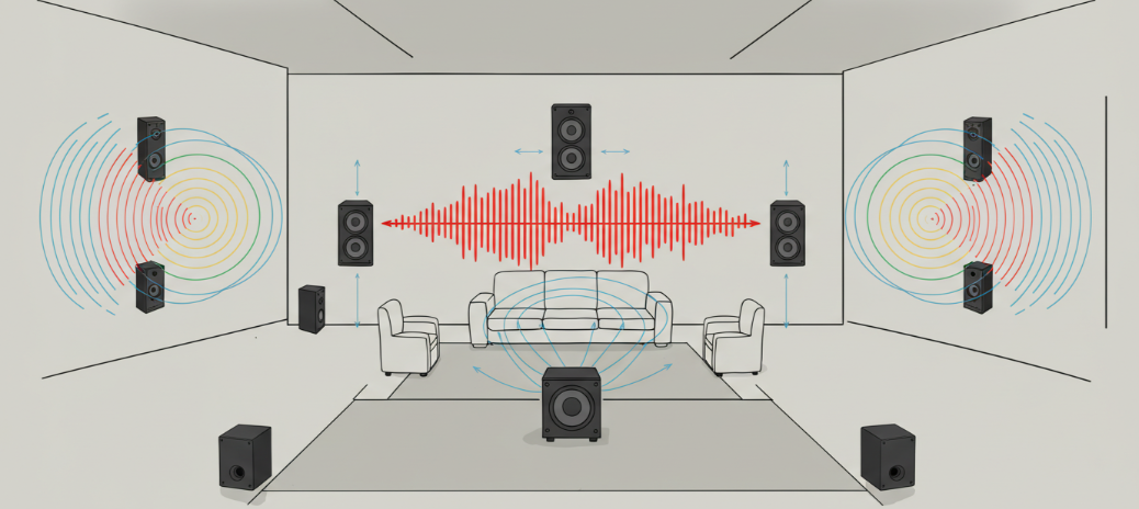 室内のいろいろなスピーカーから音が出ているようす