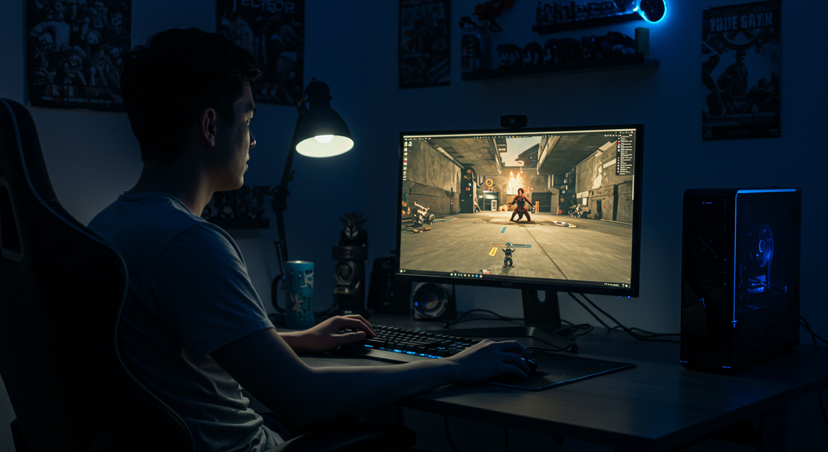 モニターの前に座りゲームをしている人