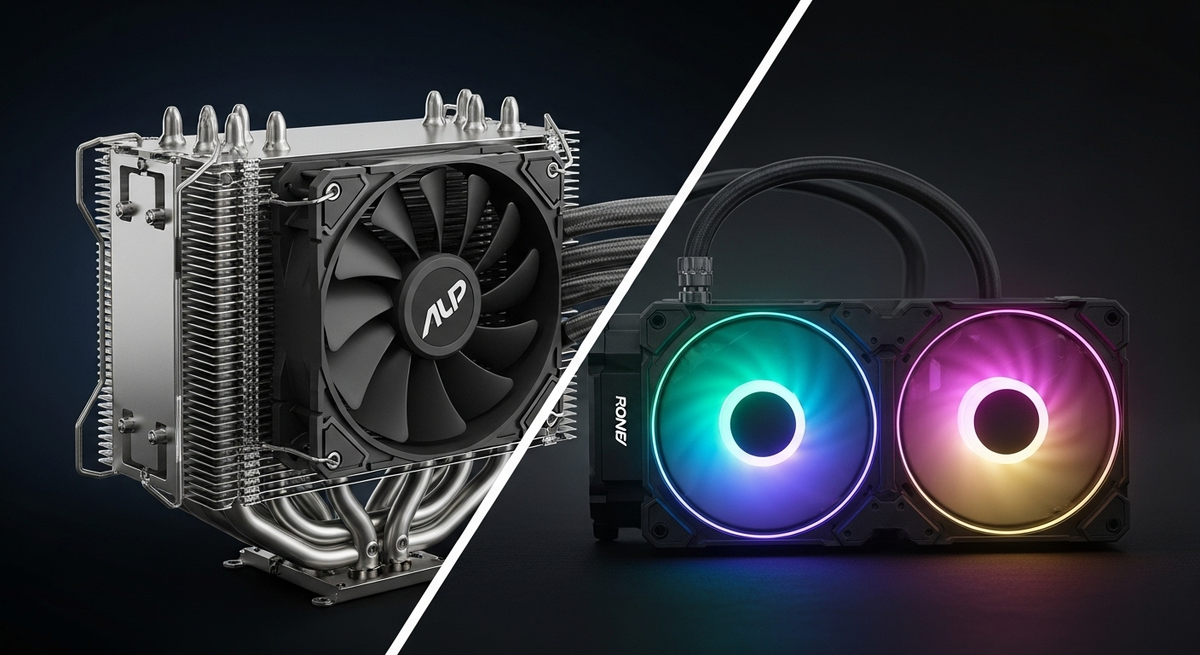 A dramatic split-screen image showing a large, powerful air cooler with gleaming heat pipes on one side, and a sleek AIO liquid cooler with vibrant RGB lighting on the other