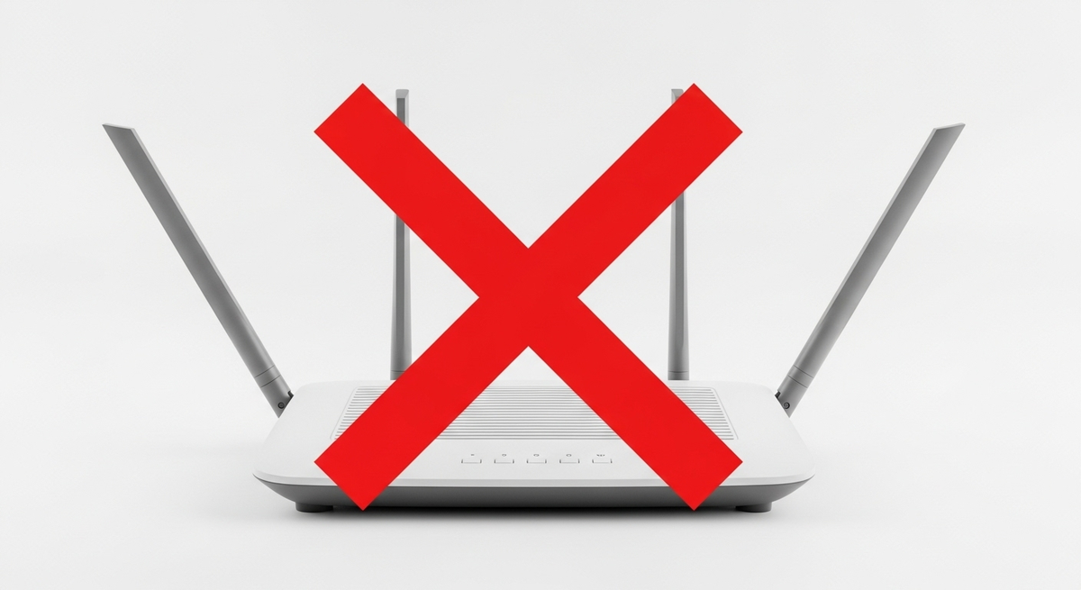 Wi-Fi router in front of the white background. Red X-mark in front of the router.