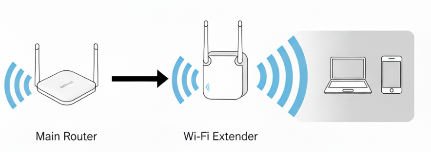 A simple diagram showing how a Wi-Fi extender works: It picks up the signal from the main router and rebroadcasts it to a dead zone