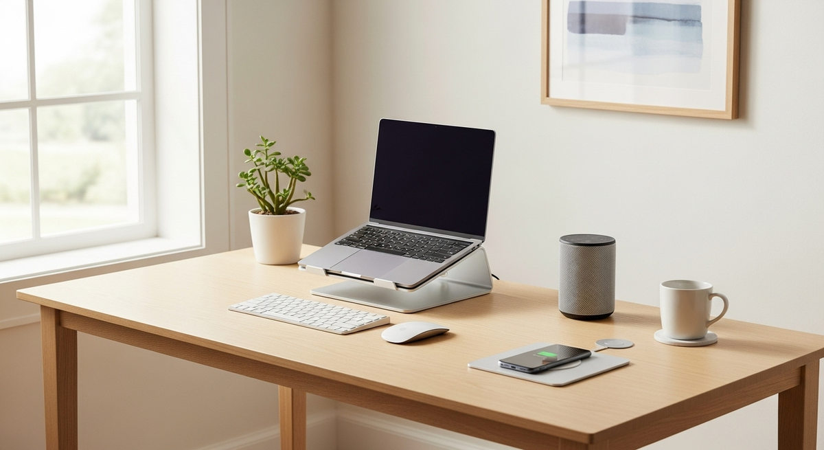 An image of a home office desk. The desk is; clean, minimalist, and organized, with all those devices being wireless.