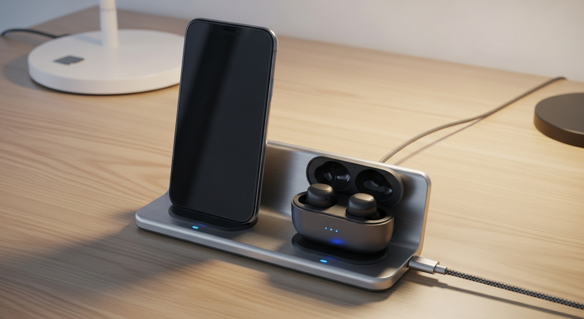 A smartphone and wireless earbuds charging simultaneously on a sleek Qi wireless charging stand on a desk