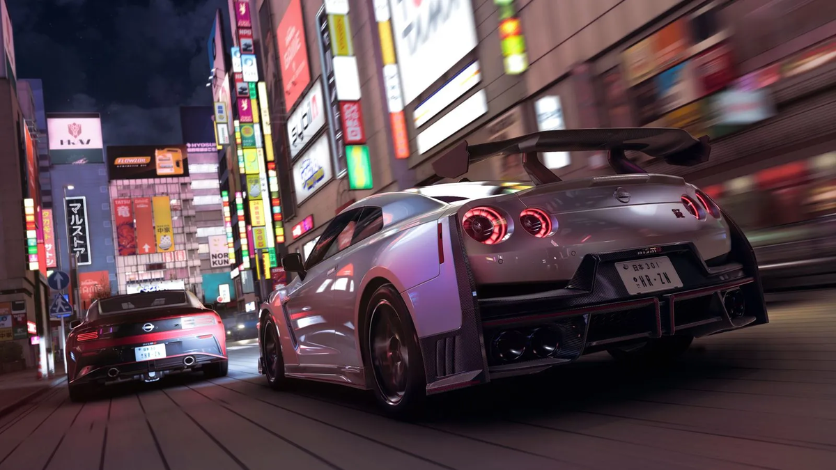 GT-Rなどのスポーツカーがネオンの街並みを走っている