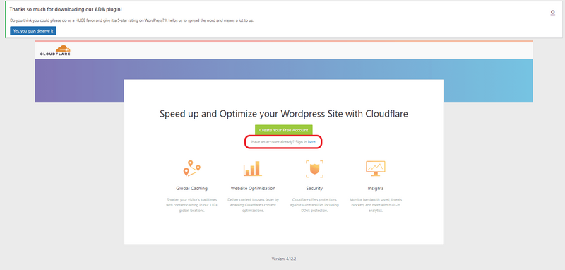 Cloudflareプラグイン導入後の初期画面からログインのリンクをクリックする