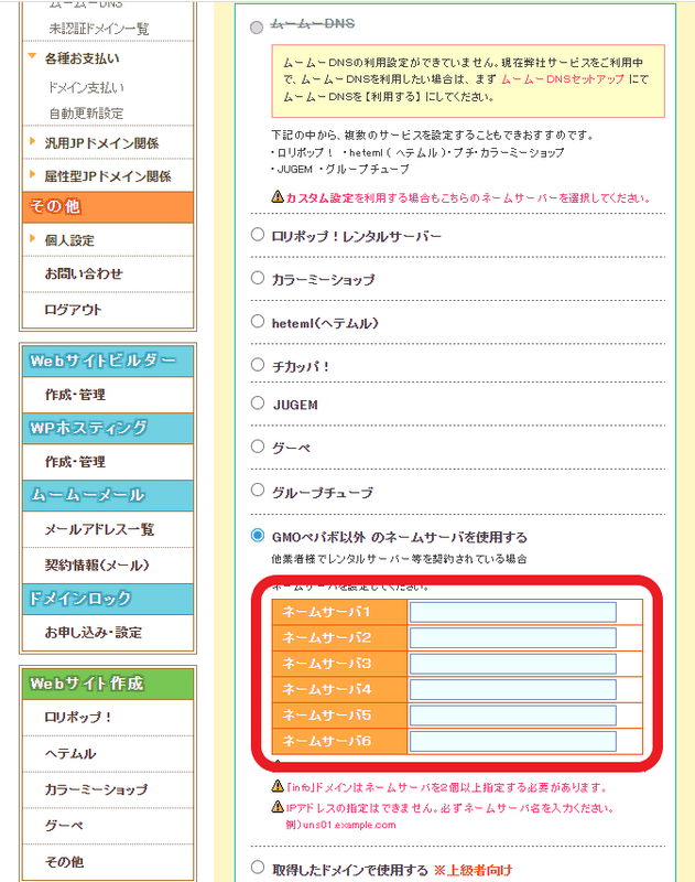 GMOペパボ以外のネームサーバを使用するにチェックする