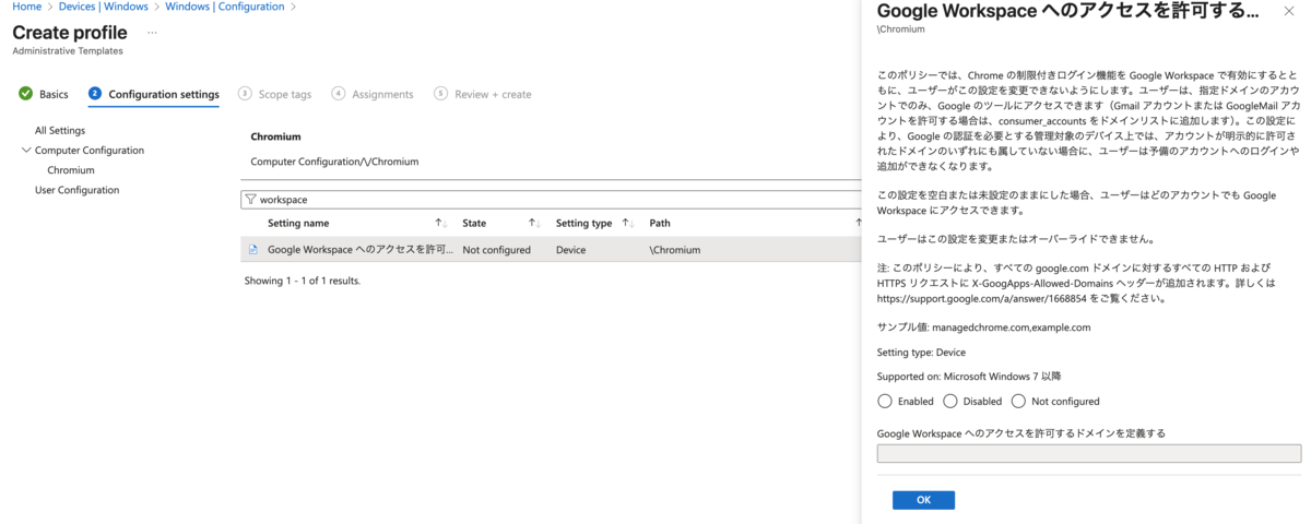 Intuneの設定画面にて、Google Workspaceへのアクセスを許可するドメインを定義するという項目を設定しています。