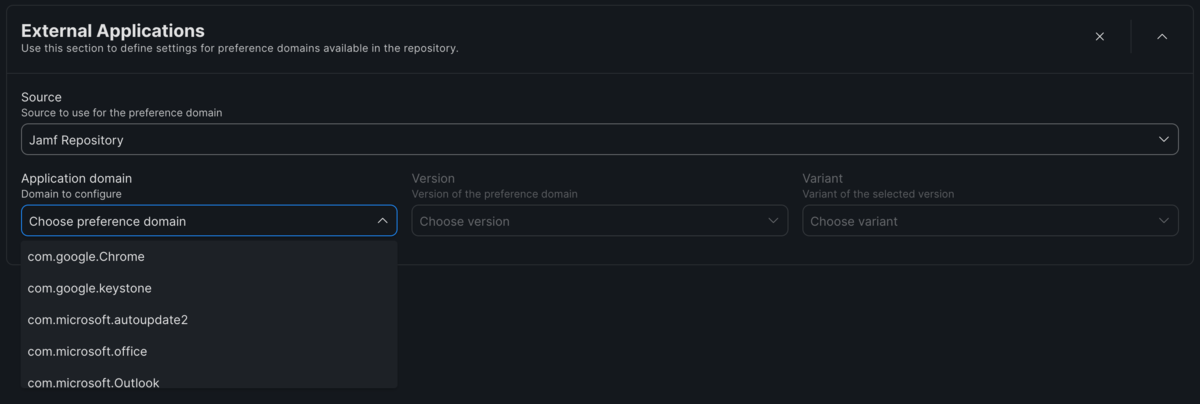 Jamfのポリシー作成画面にて、Jamf Repositoryで設定可能なApplication domainを列挙しています。先頭にChromeのものがあります。