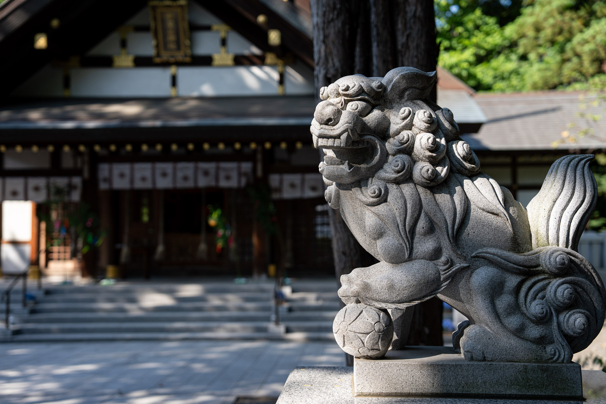 新琴似神社の社殿前に立つ狛犬