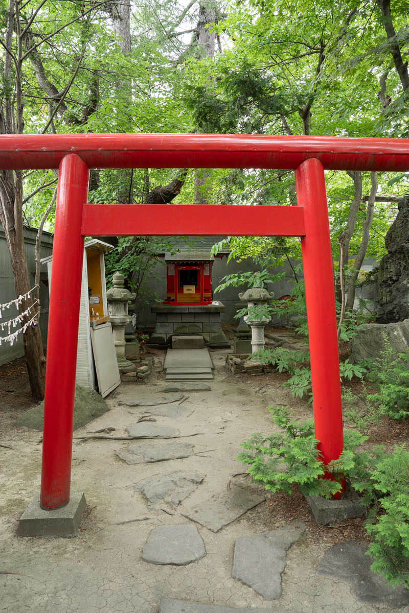 緑の中に建つ赤い鳥居と小さな社