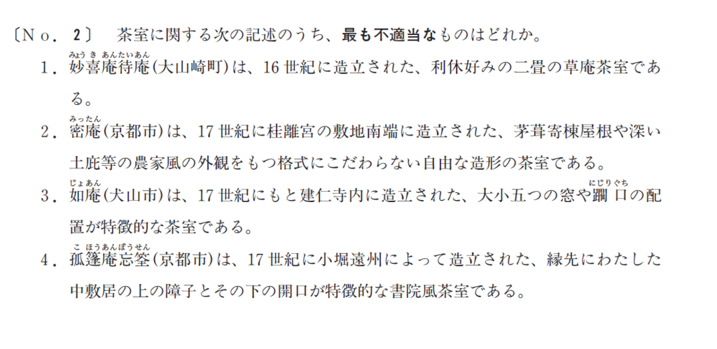一級建築士学科試験 過去問分析 H27 計画02 全選択肢が茶室だったとき ヤガン Side B 一級建築士学科試験 過去問分析 H27 計画02 全選択肢が茶室だったとき ヤガン Side B