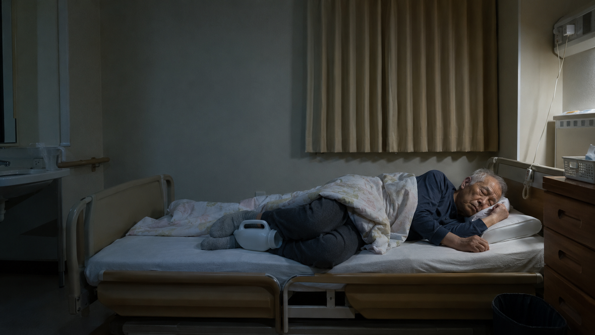夜間の薄暗い居室で、横向きになり足の間に尿器を挟んだまま眠る高齢男性