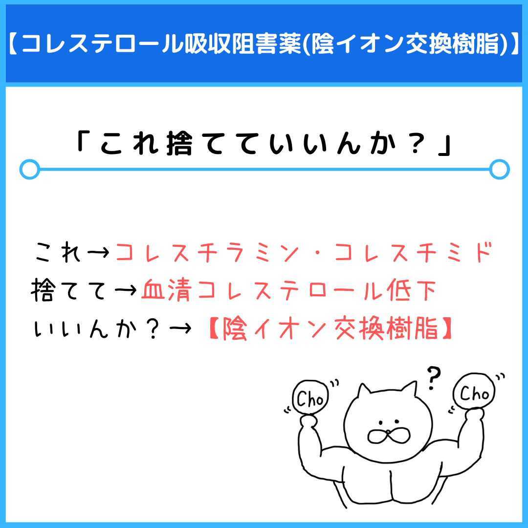コレステロール吸収阻害薬(陰イオン交換樹脂)のゴロ（覚え方）｜薬学