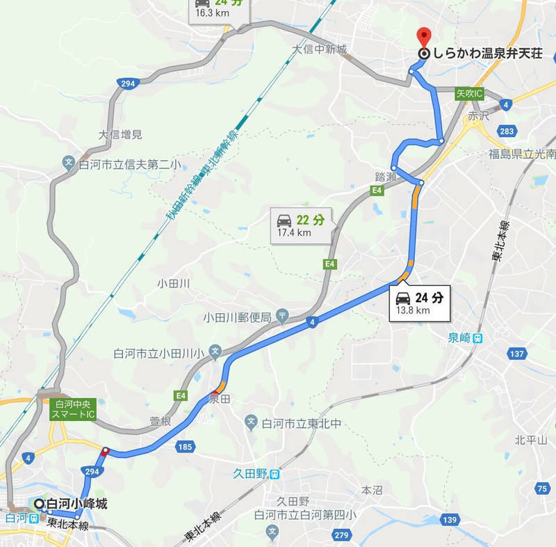 f:id:yakuzari:20190619185116j:plain 白河小峰城から弁天荘への道順