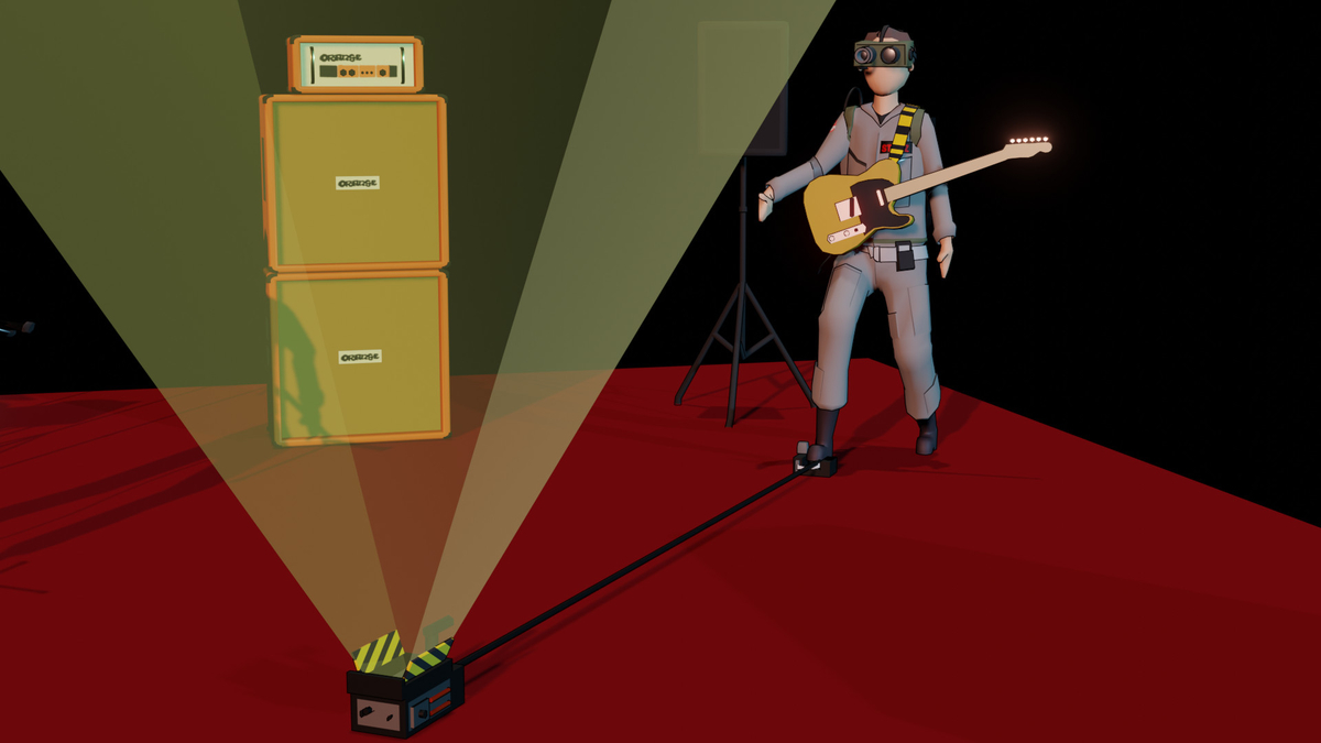 霊視ゴーグルをかけてゴースト捕獲装置のスイッチを踏むリーダー