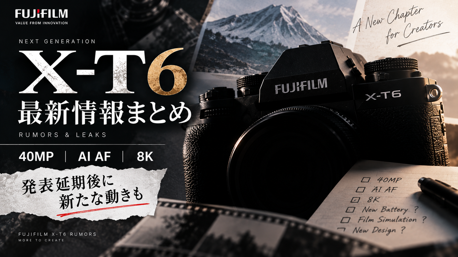 富士フイルム】X-T6最新情報まとめ｜40MP・新AI AF・8K対応、発表延期
