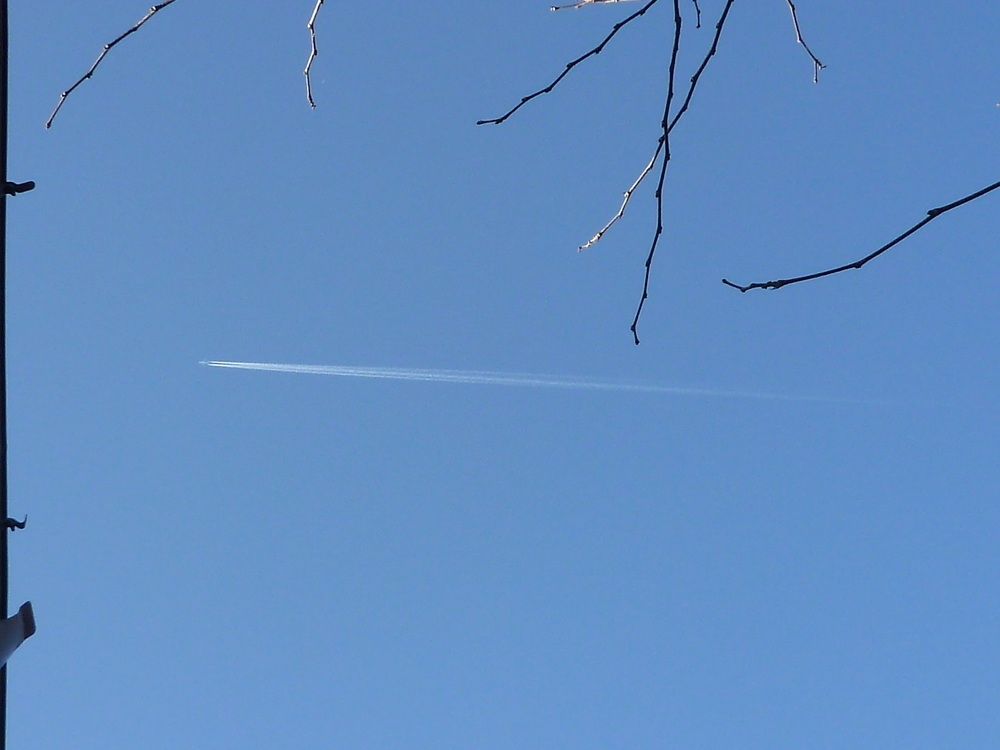 上空の飛行機と飛行機雲