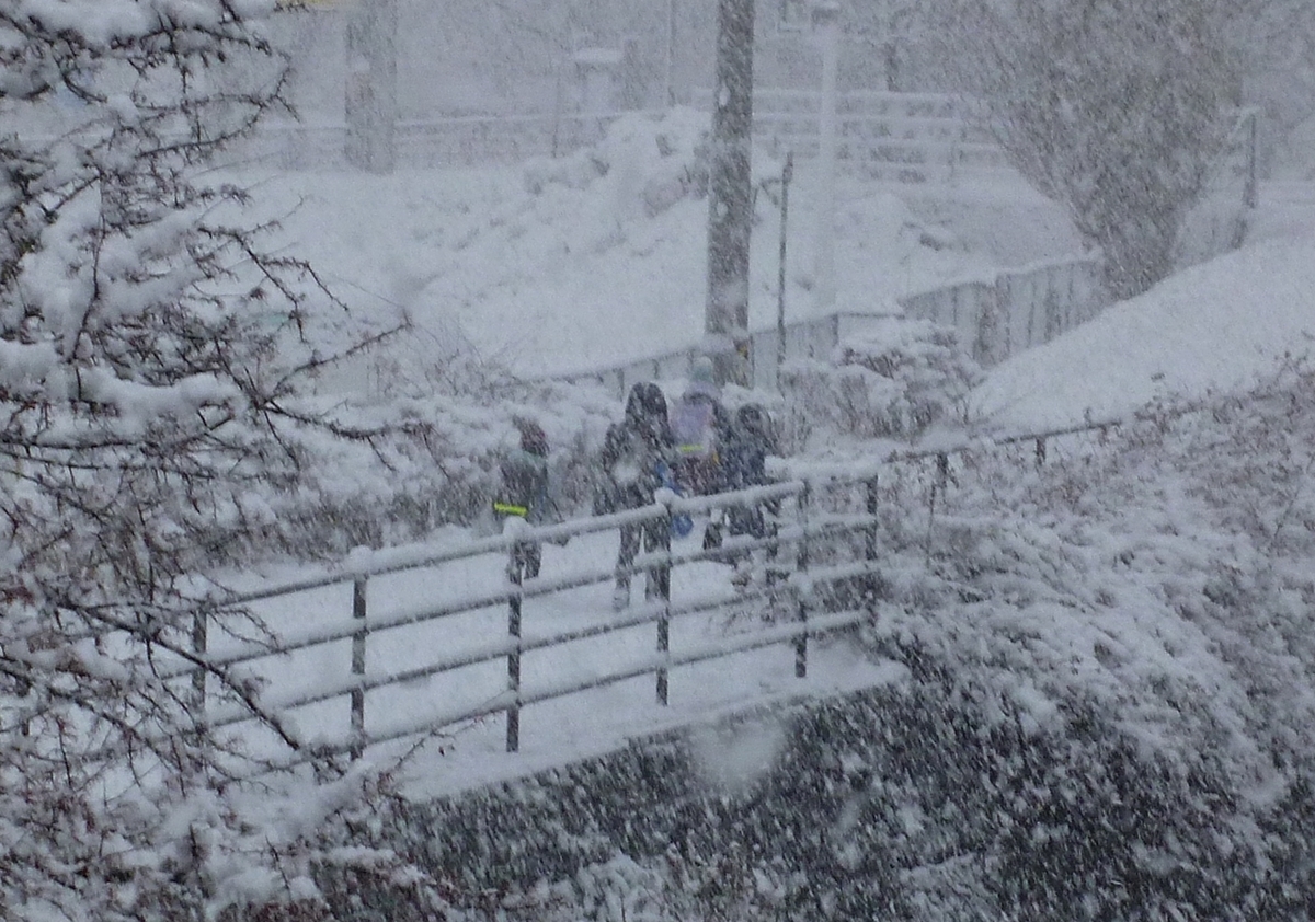 大雪 登校する小学生