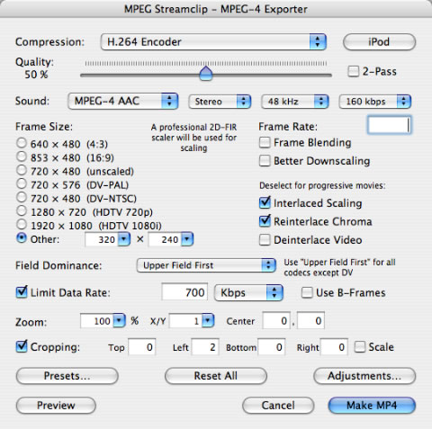 MPEG StreamclipのMPEG4の書きだし設定画面 MPEG StreamclipのMPEG4の書きだし設定画面