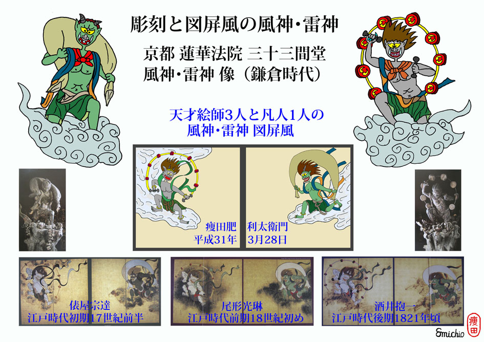 令和元年9月の絵 「風神・雷神 像」と「風神・雷神 図屏風」 - 痩田肥