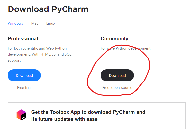 Pycharmのダウンロード画面