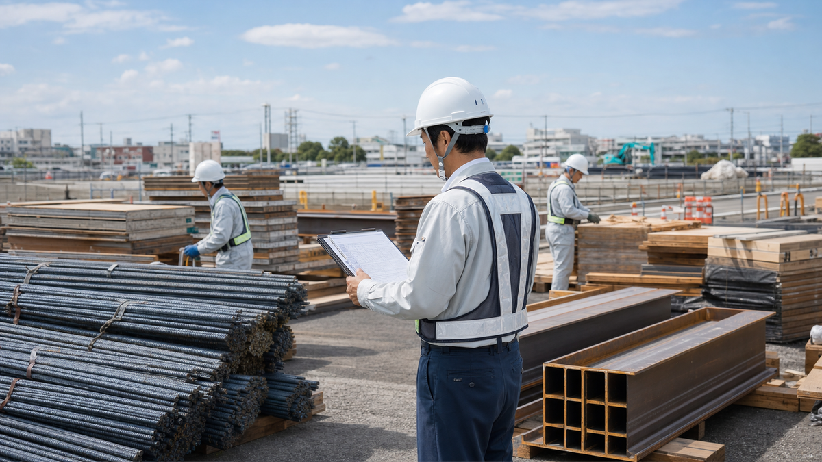 鉄筋、H形鋼、型枠用合板が並ぶ建設現場で、工程表を確認する施工管理者と作業員