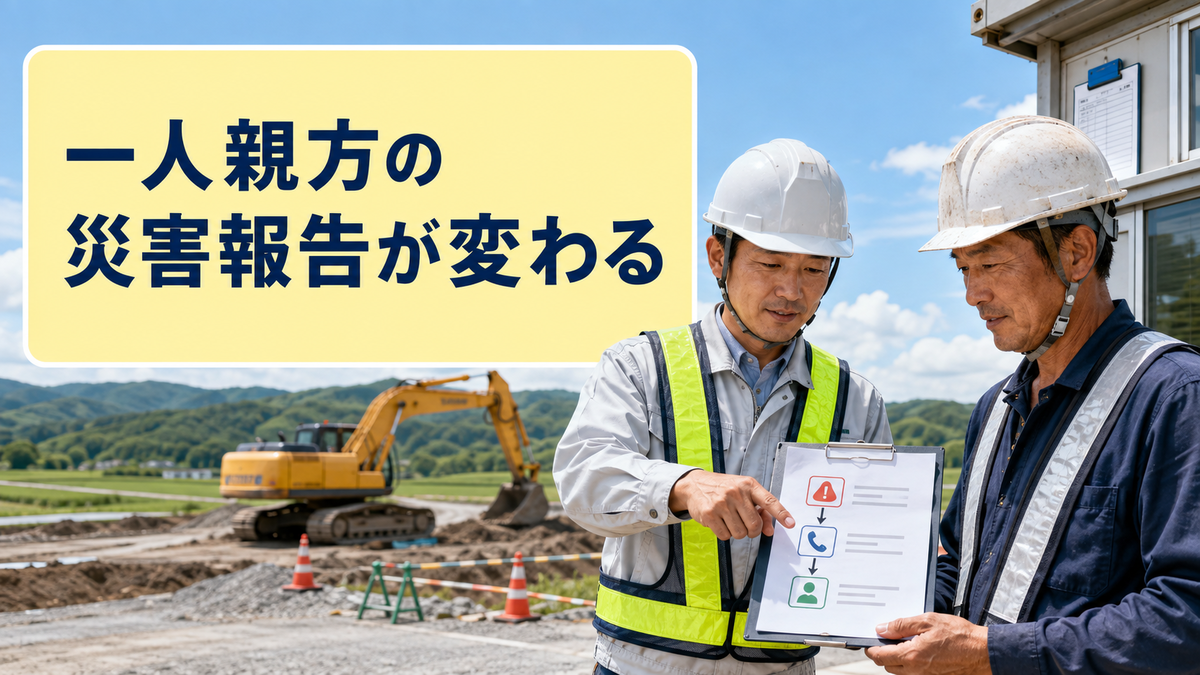 建設現場で一人親方と現場代理人が災害発生時の連絡フローを確認している