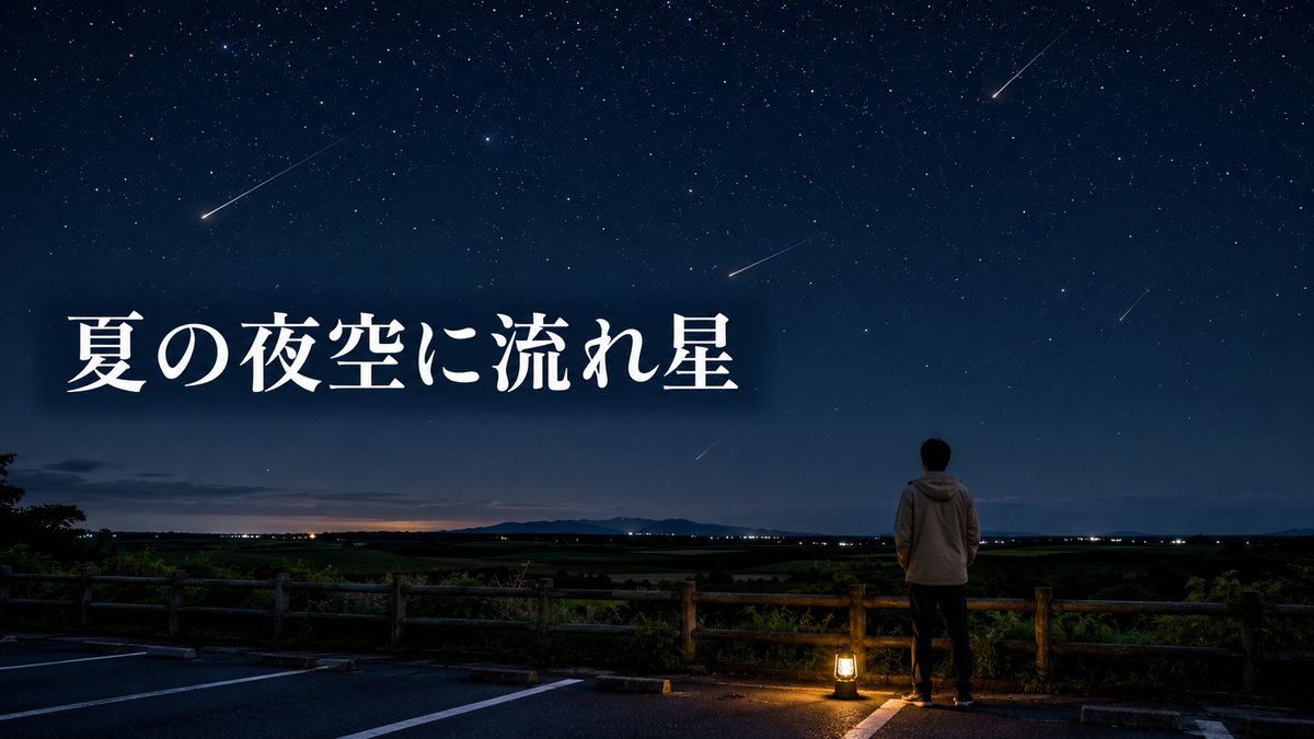北海道オホーツクの夜空に流れるペルセウス座流星群を安全な展望場所から眺める人